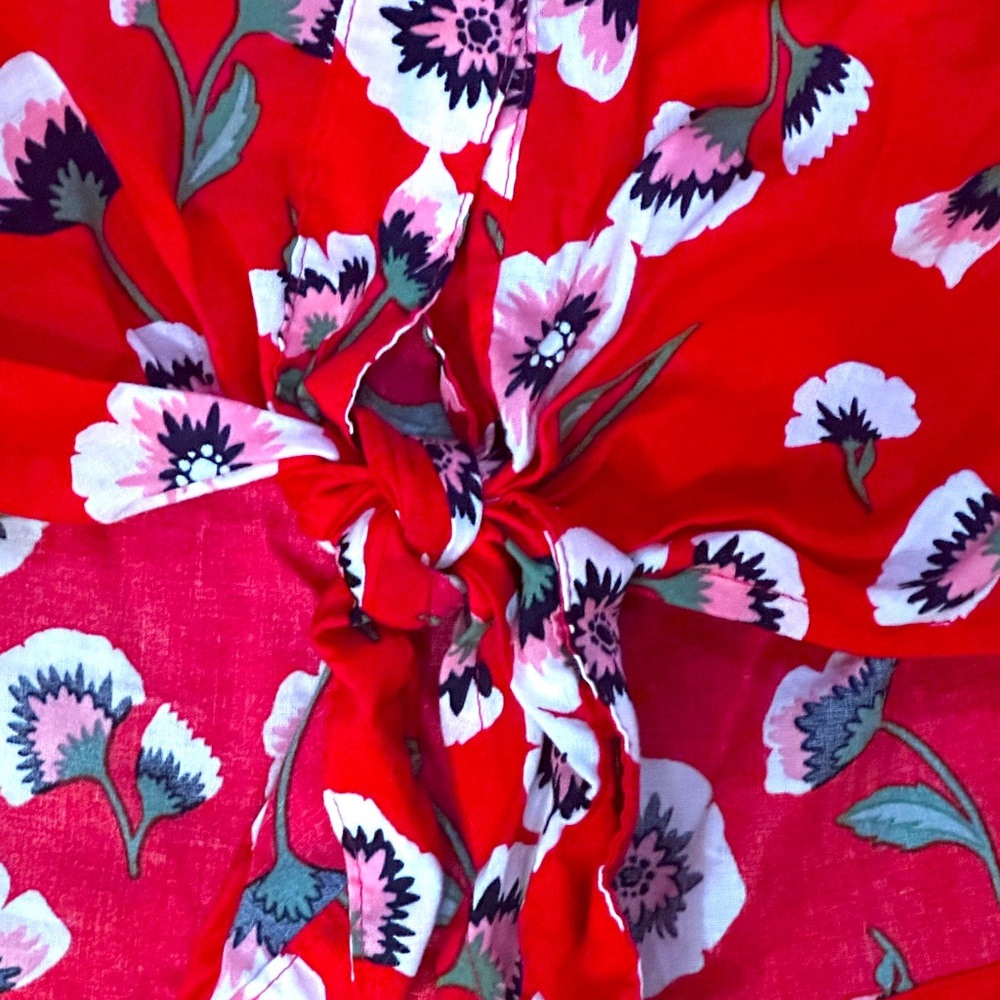 J Crew Red Floral Poppy Tie Front Top Blouse Short Sleeve Small - Picture 3 of 5